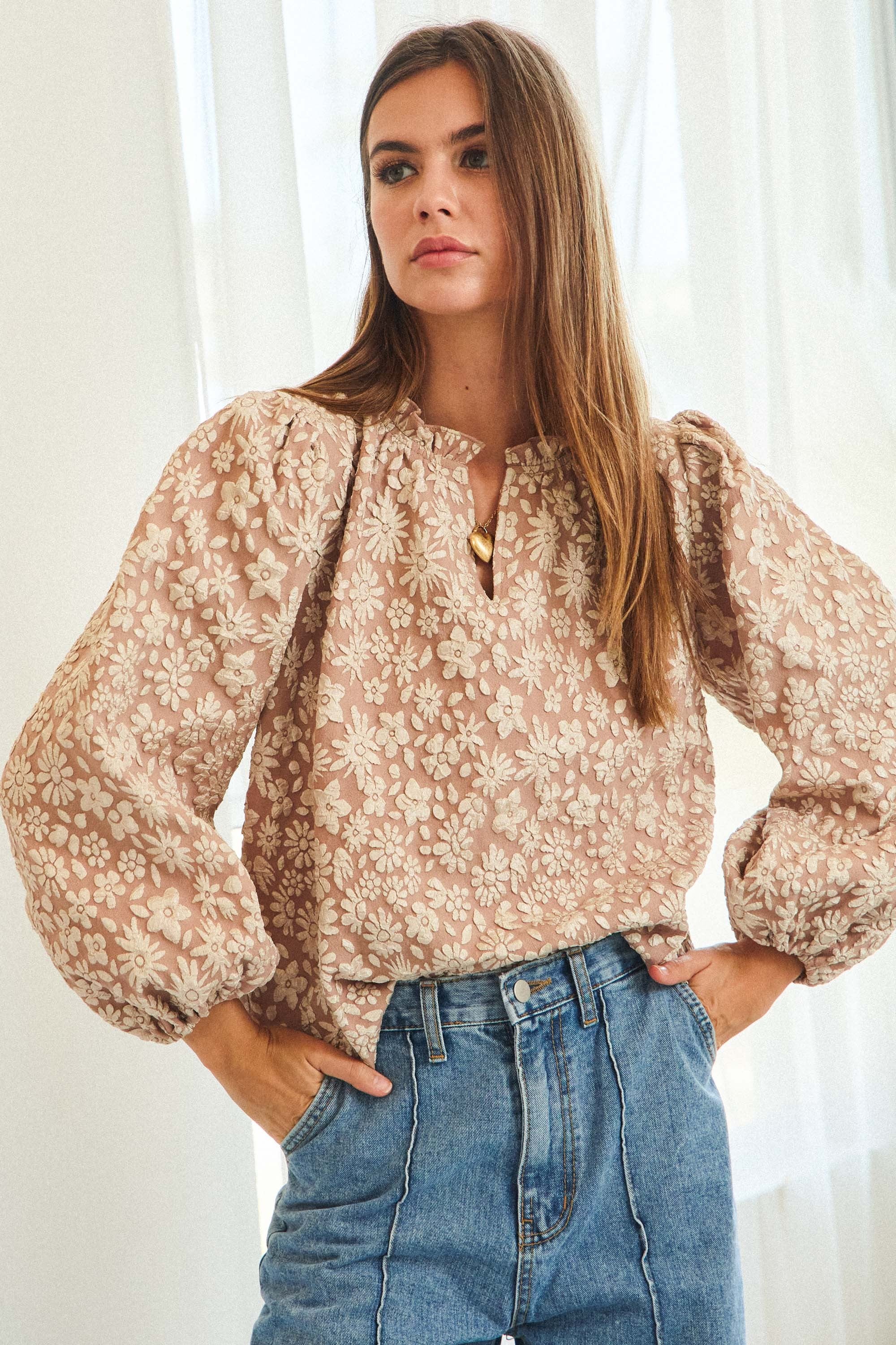 Georgina Jacquard Floral Top-Blouse-UrbanCulture-Boutique, A North Port, Florida Women's Fashion Boutique