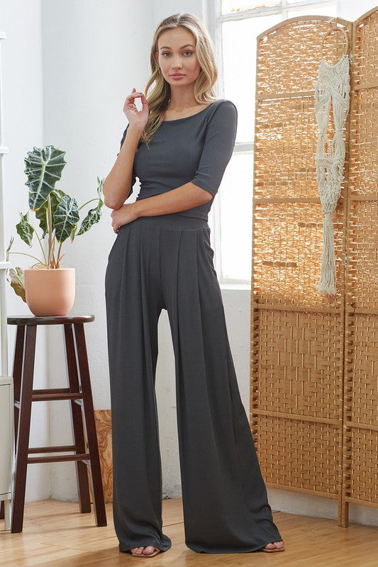 Palazzo Wide Leg Ribbed Pants-Pants-UrbanCulture-Boutique, A North Port, Florida Women's Fashion Boutique