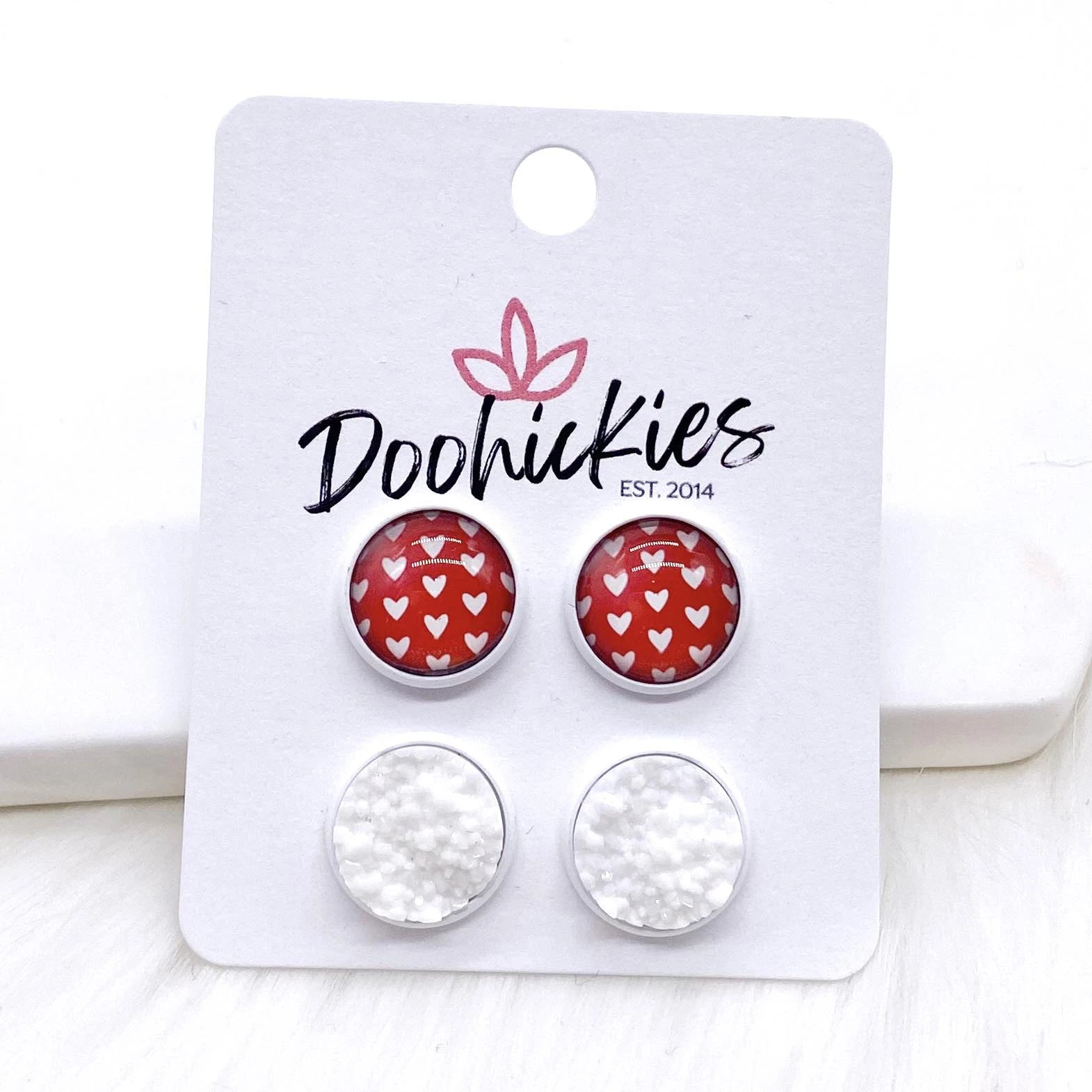 White Hearts on Red & White in White Settings-Stud Earrings-UrbanCulture-Boutique, A North Port, Florida Women's Fashion Boutique