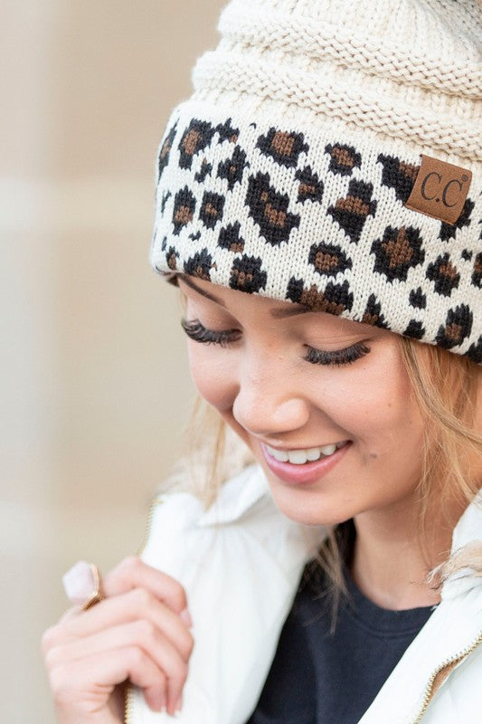 C.C Leopard Cuff Beanie-Hats-UrbanCulture-Boutique, A North Port, Florida Women's Fashion Boutique