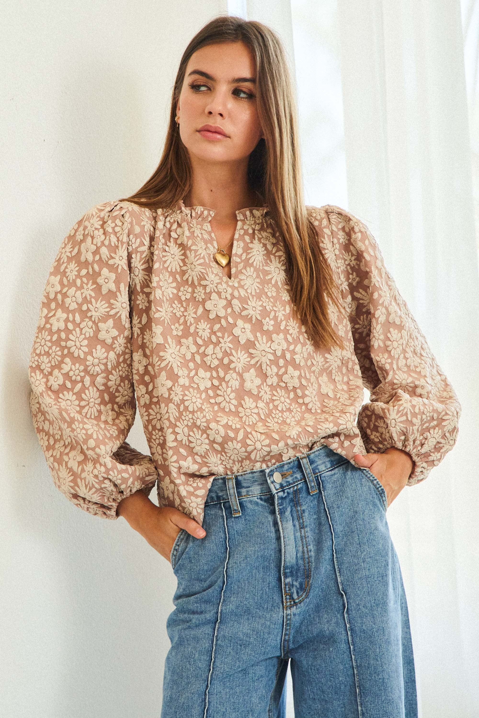 Georgina Jacquard Floral Top-Blouse-UrbanCulture-Boutique, A North Port, Florida Women's Fashion Boutique