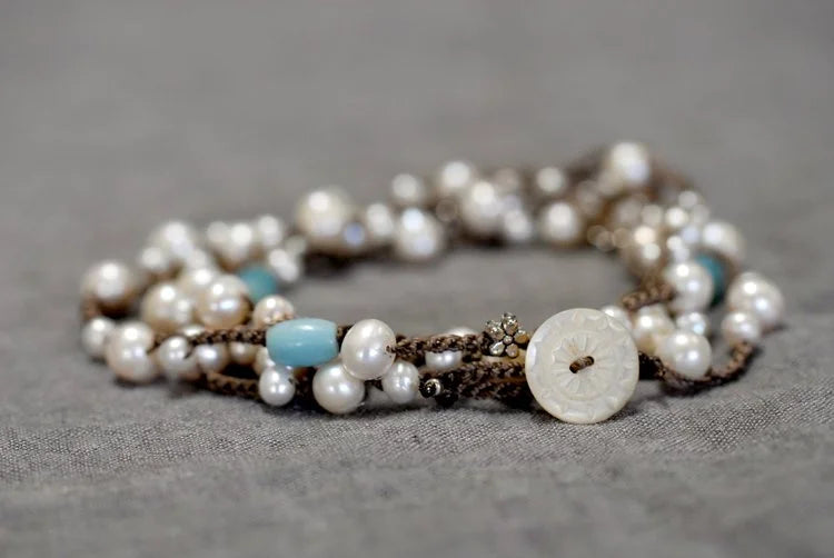 Pearl, Amazonite, Silver Flower Wrap on Sepia&nbsp;-Necklace-UrbanCulture-Boutique, A North Port, Florida Women's Fashion Boutique