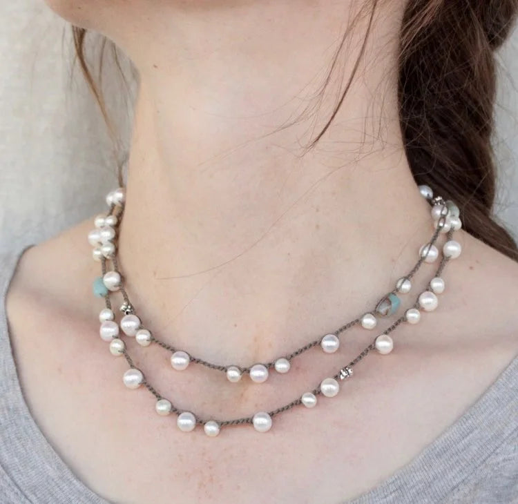 Pearl, Amazonite, Silver Flower Wrap on Sepia&nbsp;-Necklace-UrbanCulture-Boutique, A North Port, Florida Women's Fashion Boutique