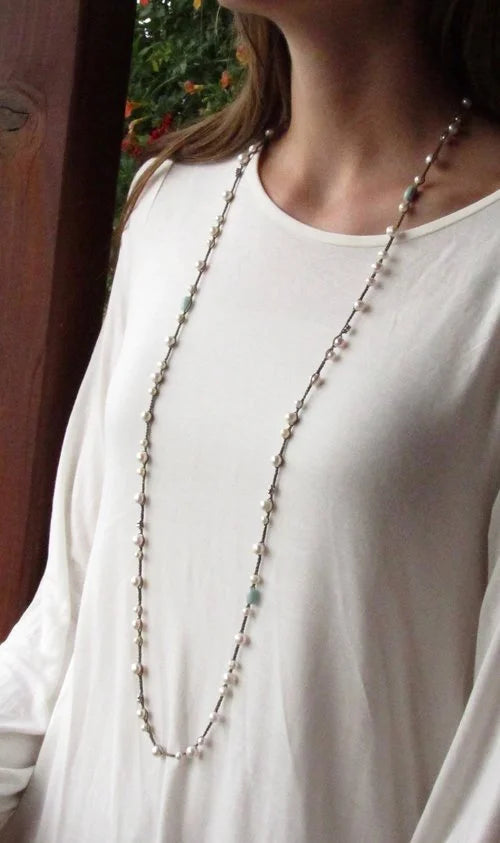 Pearl, Amazonite, Silver Flower Wrap on Sepia&nbsp;-Necklace-UrbanCulture-Boutique, A North Port, Florida Women's Fashion Boutique