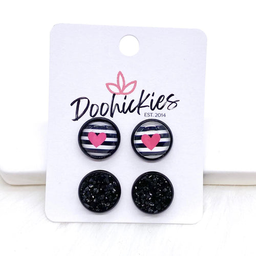 Pink Hearts on Stripes & Black in Black Settings-Stud Earrings-UrbanCulture-Boutique, A North Port, Florida Women's Fashion Boutique