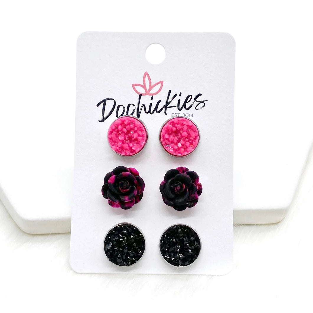 Pink Crystals/Pink & Black Roses/Black in Stainless Steel Settings-Stud Earrings-UrbanCulture-Boutique, A North Port, Florida Women's Fashion Boutique