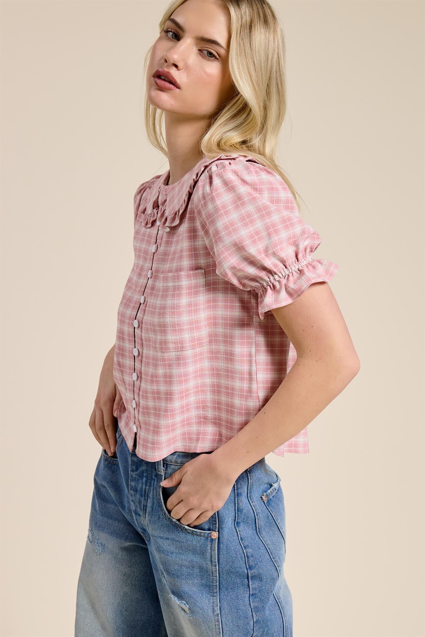 Hannah Plaid Blouse-Tops-UrbanCulture-Boutique, A North Port, Florida Women's Fashion Boutique