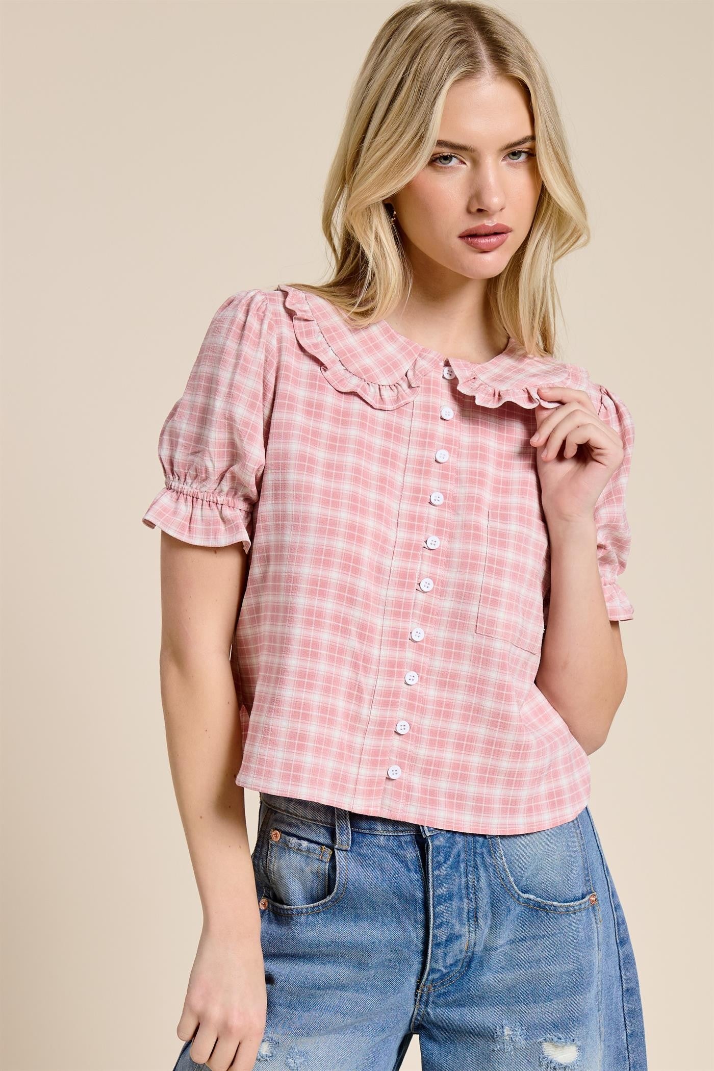 Hannah Plaid Blouse-Tops-UrbanCulture-Boutique, A North Port, Florida Women's Fashion Boutique