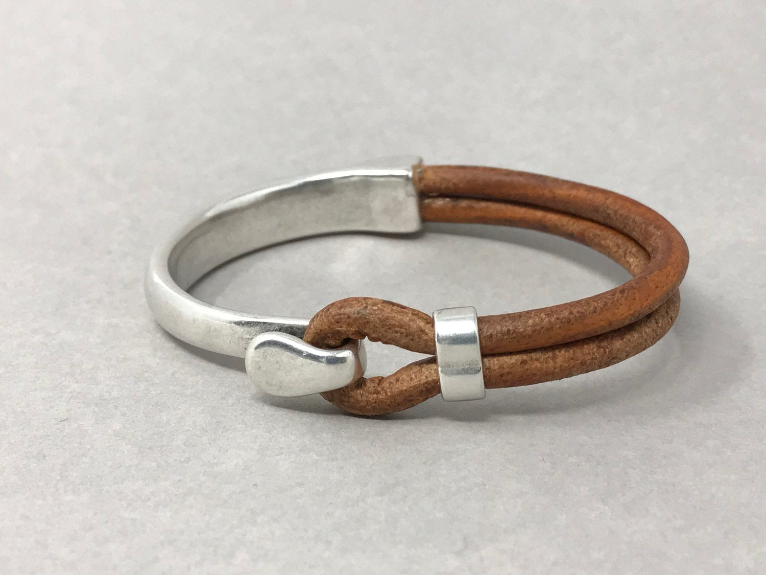 Silver Side Cuff with Light Brown Leather Bracelet-Bracelets-UrbanCulture-Boutique, A North Port, Florida Women's Fashion Boutique