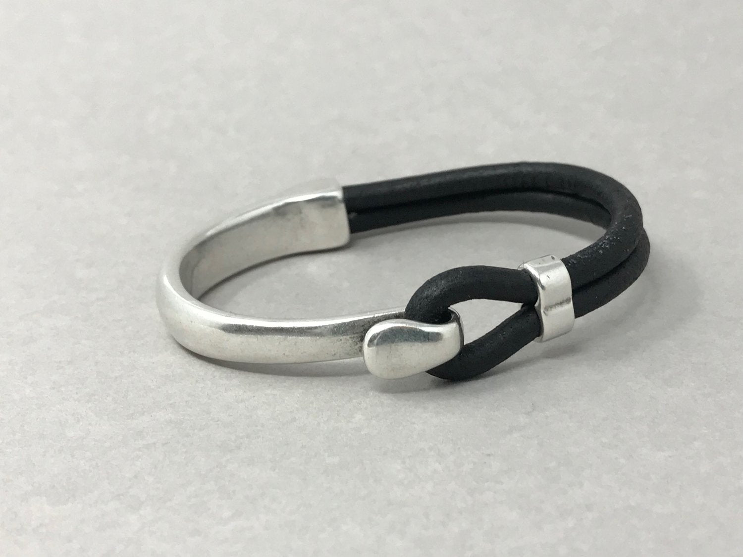 Silver Side Cuff with Black Leather-Bracelets-UrbanCulture-Boutique, A North Port, Florida Women's Fashion Boutique