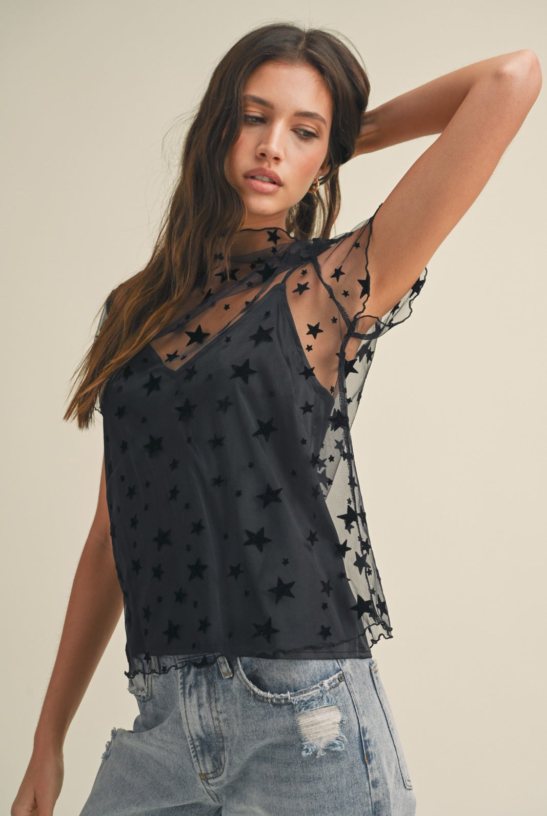Alexa Velvet Star Mesh Top-Short Sleeves-UrbanCulture-Boutique, A North Port, Florida Women's Fashion Boutique