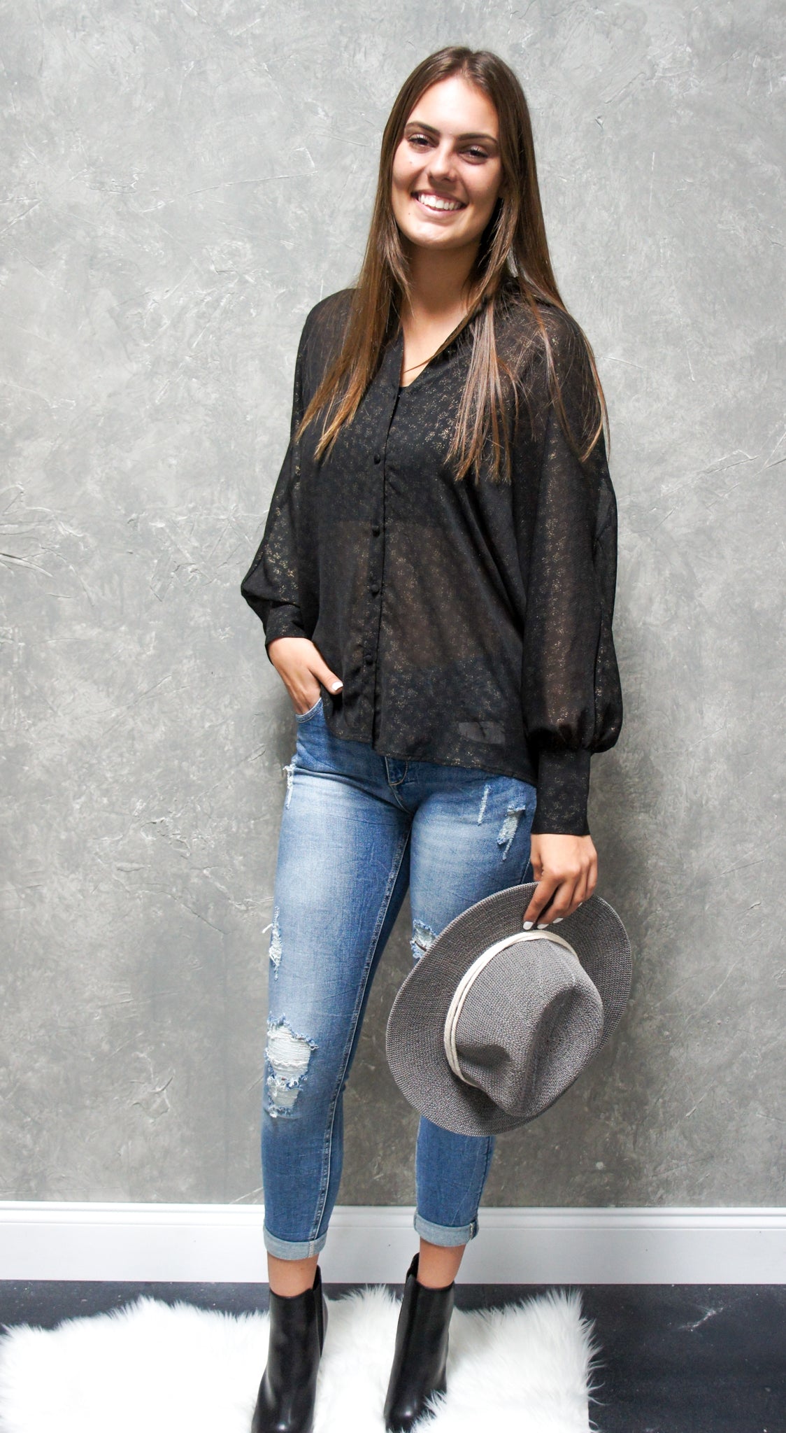 Sheer Metallic Button Up Blouse-Long Sleeves-UrbanCulture-Boutique, A North Port, Florida Women's Fashion Boutique
