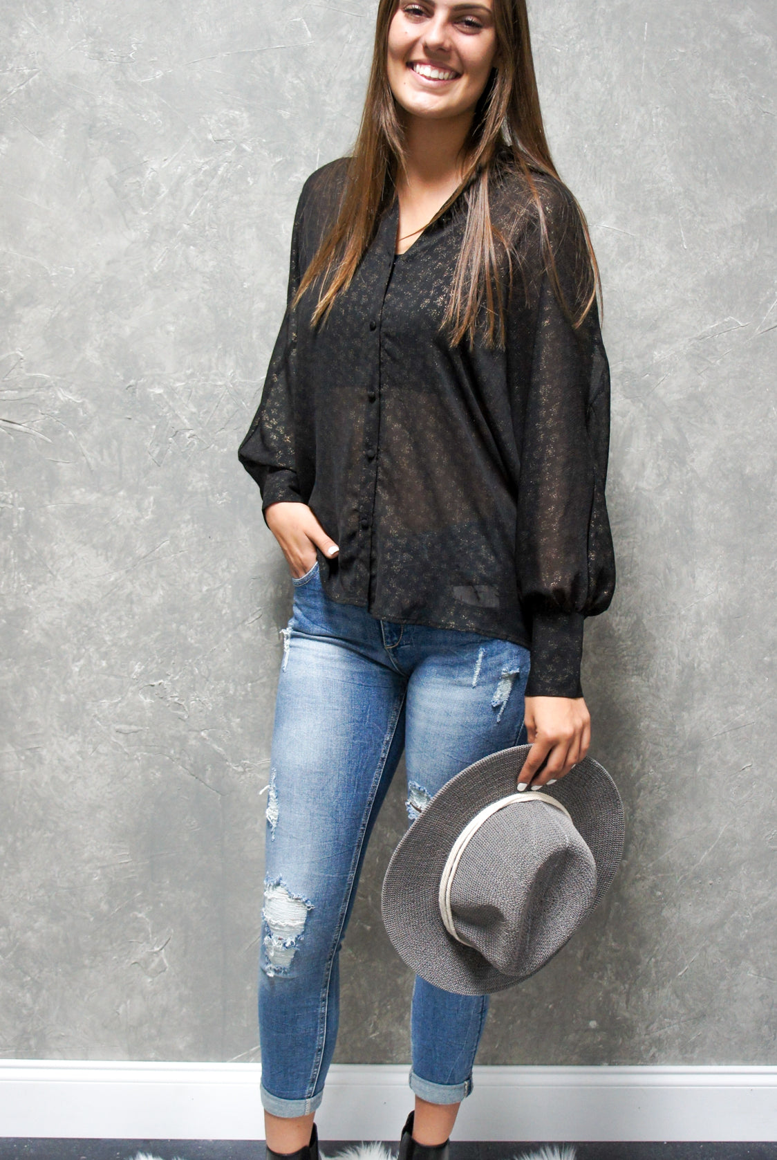 Sheer Metallic Button Up Blouse-Long Sleeves-UrbanCulture-Boutique, A North Port, Florida Women's Fashion Boutique
