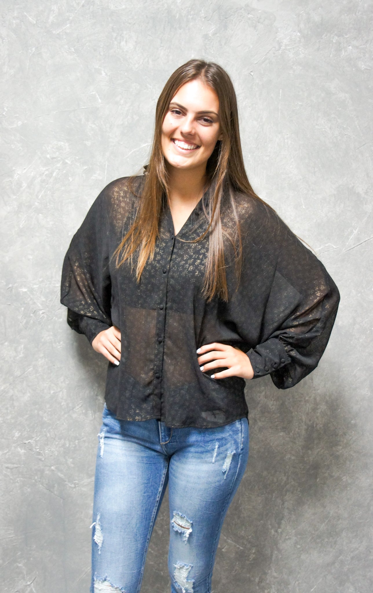 Sheer Metallic Button Up Blouse-Long Sleeves-UrbanCulture-Boutique, A North Port, Florida Women's Fashion Boutique