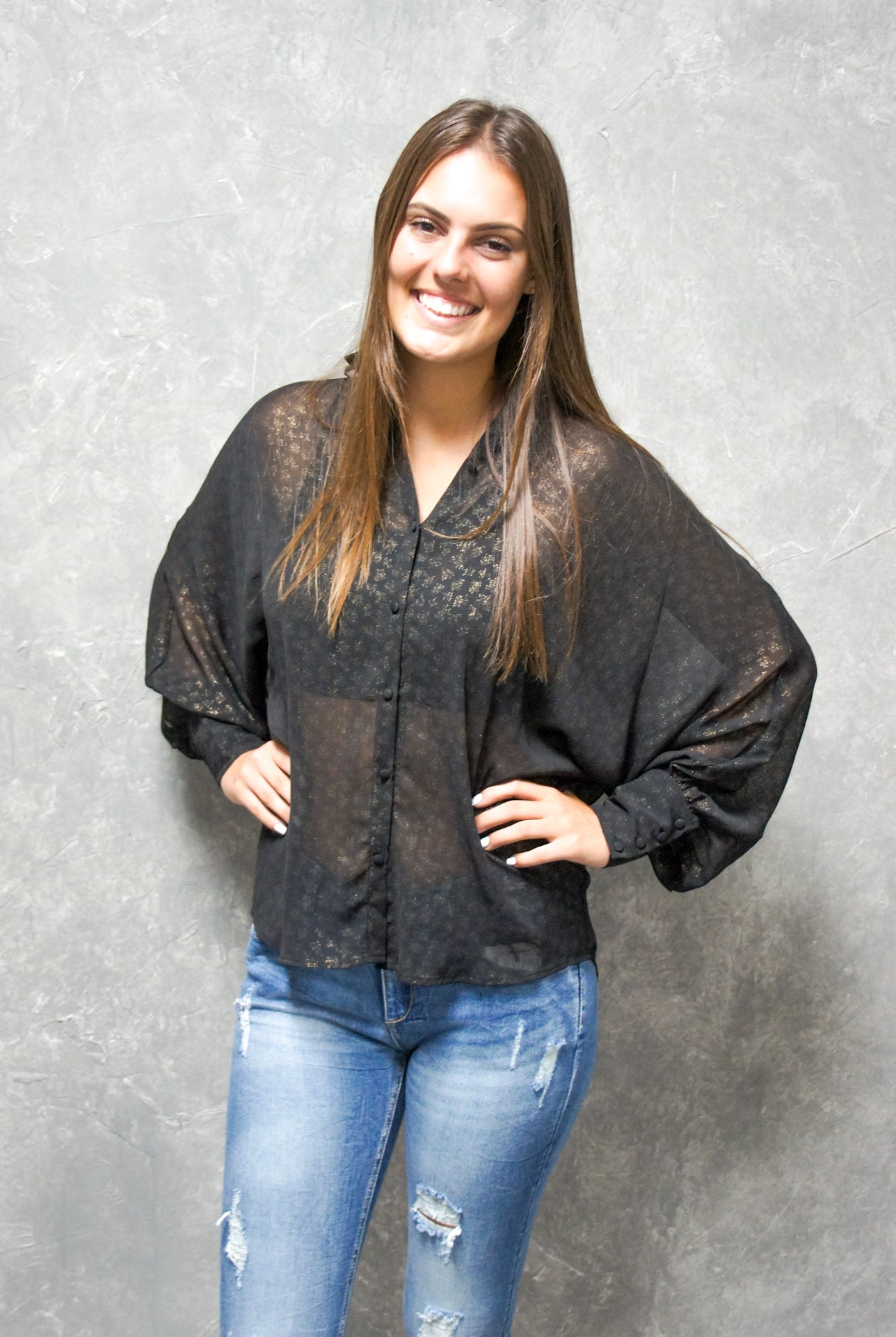 Sheer Metallic Button Up Blouse-Long Sleeves-UrbanCulture-Boutique, A North Port, Florida Women's Fashion Boutique