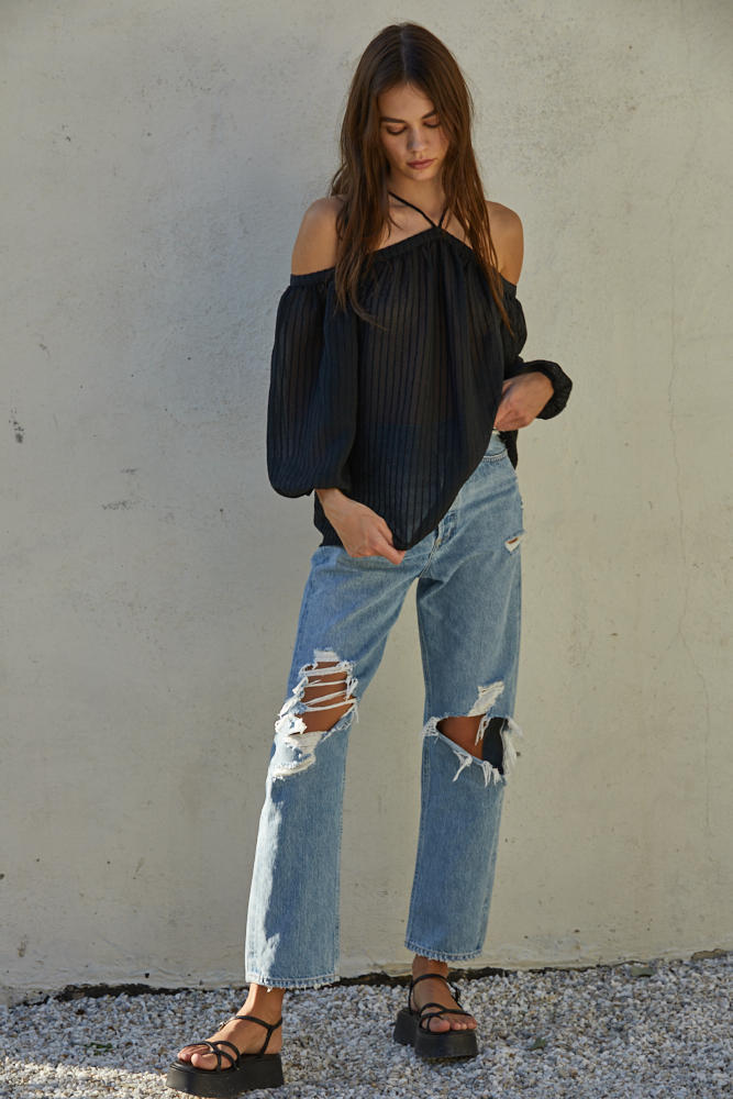 Cleo Neck Tie Top-Long Sleeves-UrbanCulture-Boutique, A North Port, Florida Women's Fashion Boutique