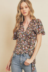 Tiffany Floral Print Wrapping Bodice Blouse-Short Sleeves-UrbanCulture-Boutique, A North Port, Florida Women's Fashion Boutique